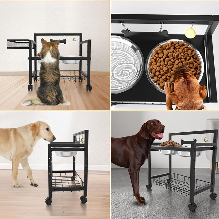 Підвищені годівниці для собак Angeloyang з колесами, з нержавіючої сталі, регульовані, 8 рівнів висоти, 16-36 см, для середніх та великих собак, з повільним дозатором корму та мисками з нержавіючої сталі, з можливістю зберігання та колесами
