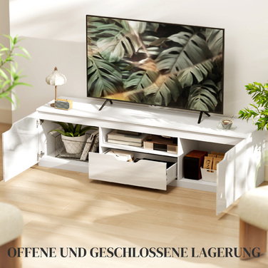 HOMCOM TV Stand with High-Gloss Finish, Holds TVs up to 65'', 3 Shelves, 1 Drawer, 160 x 38 x 43 cm, White