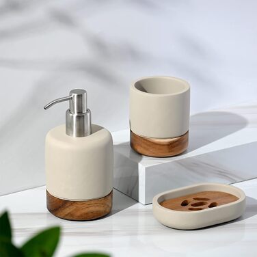 Набір аксесуарів для ванної кімнати, 3 шт. (дозатор мила, стакан, миска) з бетону та акації, подарунок для дому
