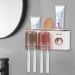 Wall Mounted Toothbrush Holder, 2 Cup Toothbrush Holder Wall Mount with Toothpaste Dispenser Toothbrush Holder for Bathroom - Toothbrush Holder & Bathroom Accessories