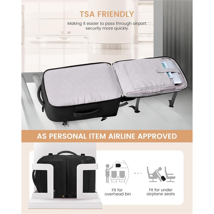 LOVEVOOK Рюкзак для ручної поклажі 40л, чорний, для подорожей, з відділенням для мокрого та сухого, для ноутбука, 45x36x20 см