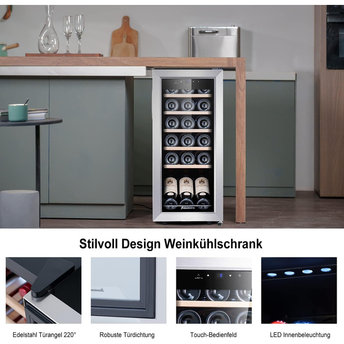 Kalamera 28-Bottle Wine Refrigerator with Touch Panel, Stainless Steel Door, and Adjustable Shelves - 5°C to 18°C Cooling Zone