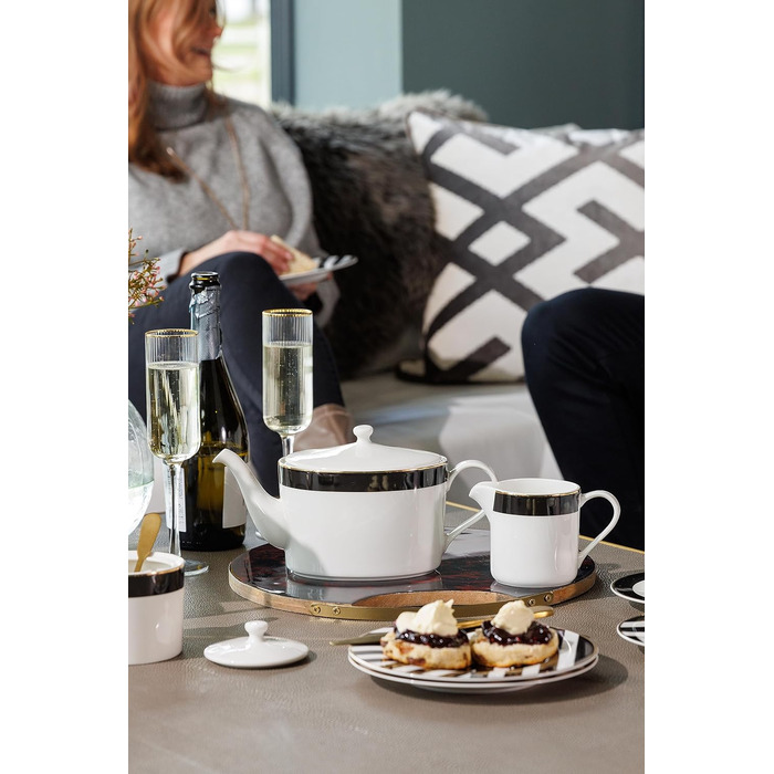 Mikasa Luxe Deco Porcelain Teapot, large 4-cup teapot with filter, 1.1L, Art Deco print and genuine gold accents, dishwasher safe