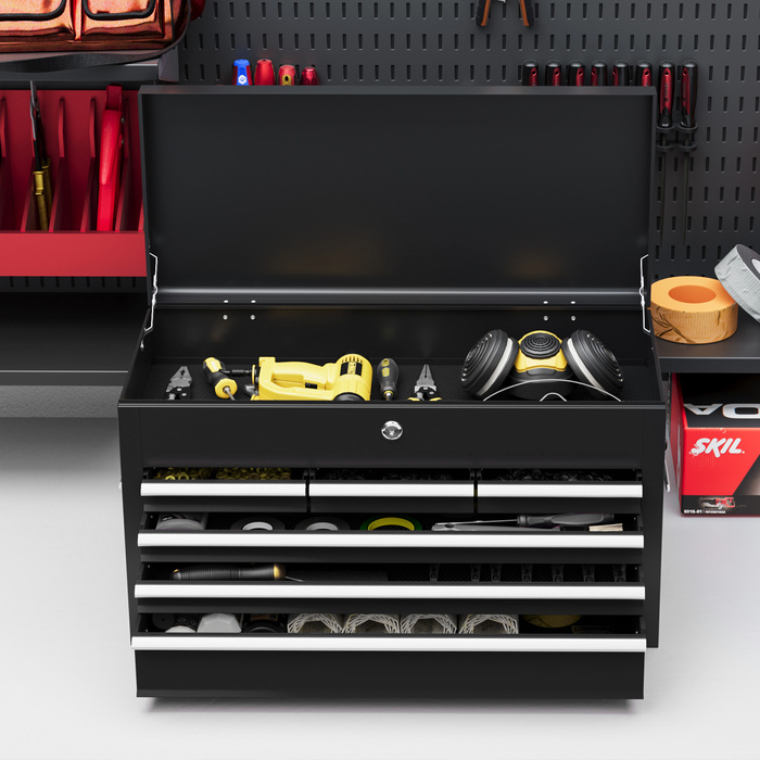 HOMCOM Tool Box, Tool Case without Tools, with 6 Drawers, Lock, Tool Box with Handle, Tool Chest, Steel, Black, 60 x 26 x 34 cm | Aosom