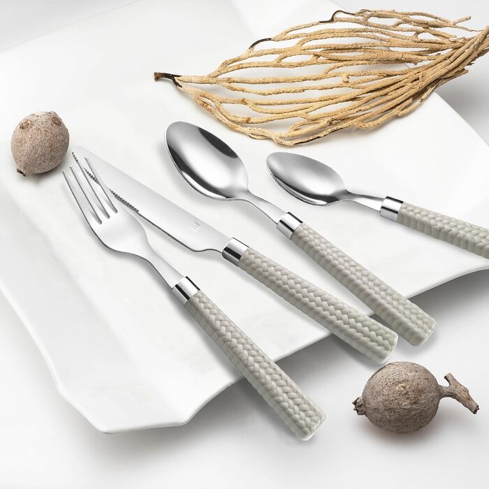 Amefa PAILLE Cutlery Set, 6 People | Dinner Cutlery, 24-Piece | Light-Colored Handles with Woven Design | Cutlery Set 18/0 Stainless Steel | Dishwasher-Safe Cutlery Set | 6 each of Fork, Knife, Spoon & Teaspoon
