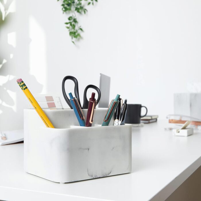 White marble toothbrush holder and bathroom organizer – keeps your bathroom counter organized and stylish.