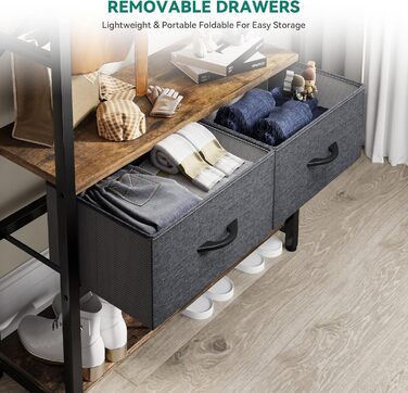 YITAHOME Entryway Storage Bench with Shoe Cabinet, Freestanding Mudroom Bench with Bank and 2 Folding Drawers, Industrial Coat Rack with 8 Hooks for Entryway Living Room Bedroom, Metal Frame, Rustic Brown