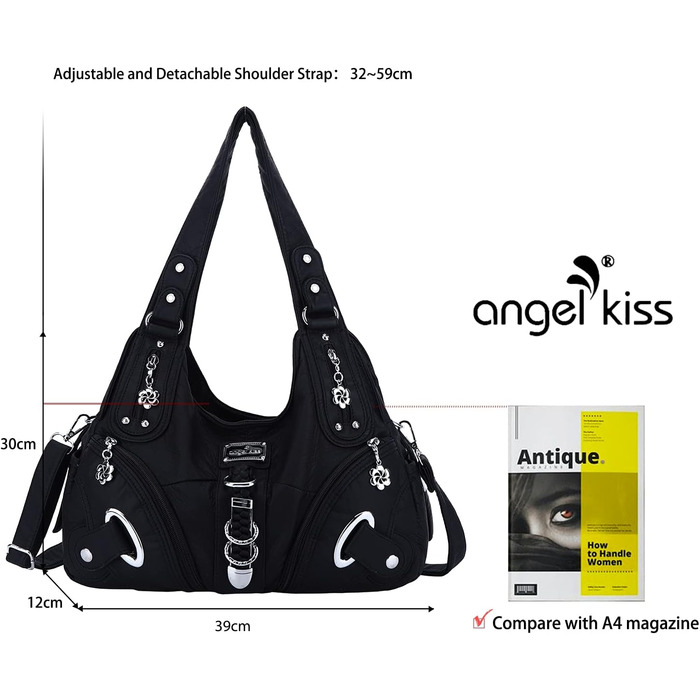 Сумка жіноча Angel Kiss Hobo через плече, чорна, PU шкіра, багато відділень