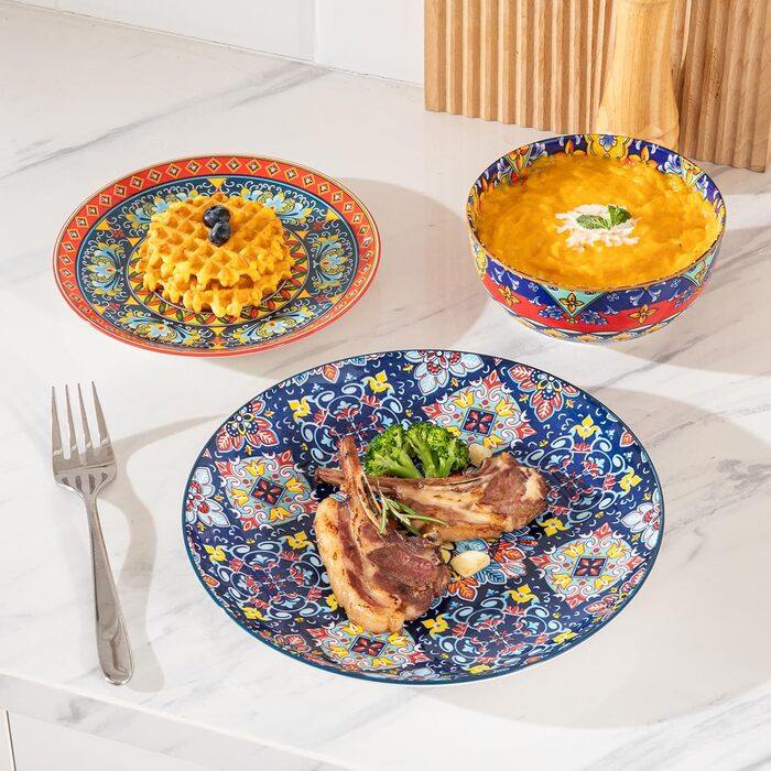 Набір посуду Sweejar Home Keramik для 4 осіб (12 предметів): порцелянові тарілки та миски, богемний стиль, для кухні, сумісний з мийкою та мікрохвильовкою