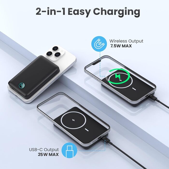 Powerbank MagSafe 10800mAh з LED дисплеєм: швидка зарядка 25W PD, USB-C, для iPhone 16/15/14/13/12, чорний