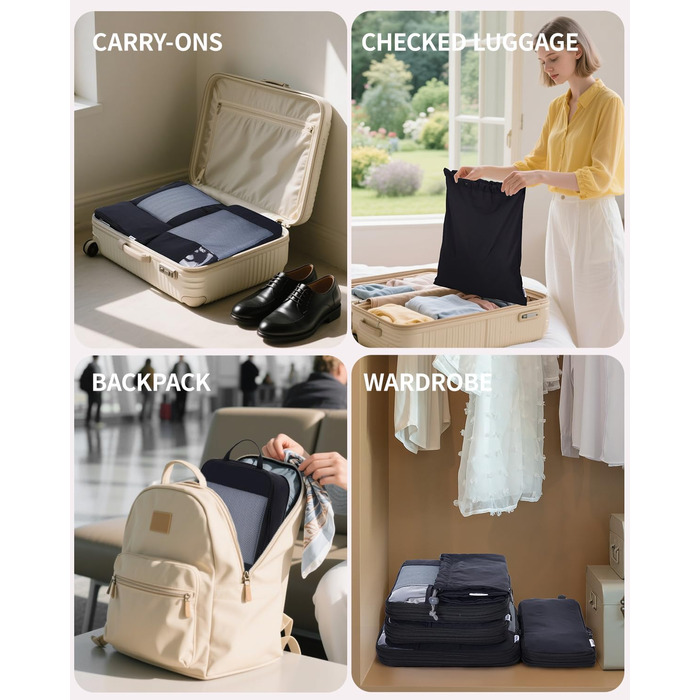 Набір для організації багажу Narwey (5 шт.) - компресійні куби для подорожей, чорний