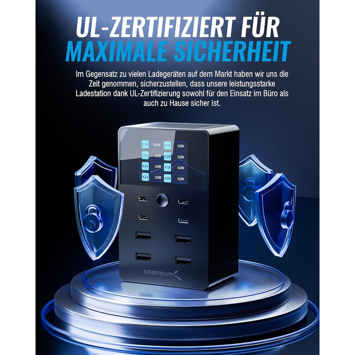 Зарядний пристрій Sabrent USB 60W, 10 портів, швидка зарядка для MacBook, ноутбуків USB-C, iPhone, Samsung Galaxy (AX-TPCS)