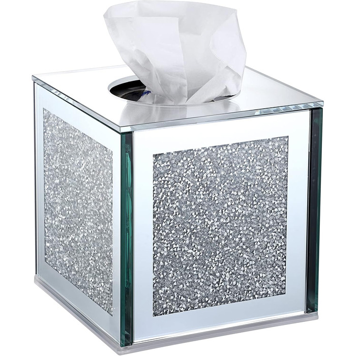 BTSKY Glittering Glass Cube Tissue Box with Crushed Crystal Diamonds for Home Decoration, Table Napkin Holder, Square Tissue Organizer