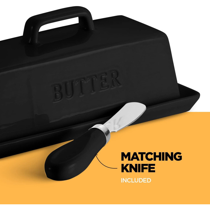 Ceramic Butter Dish Set with Lid and Knife – Black – Decorative Butter Crock Holder for 1 Butter – Microwave Safe, Dishwasher Safe – Includes Scratch-Free Stickers
