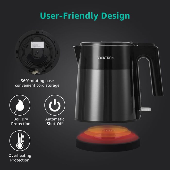 Електричний чайник Cooktron з нержавіючої сталі, 1.7л, тихий (<30дБ), без BPA, Cool Touch, подвійні стінки, швидкий нагрів
