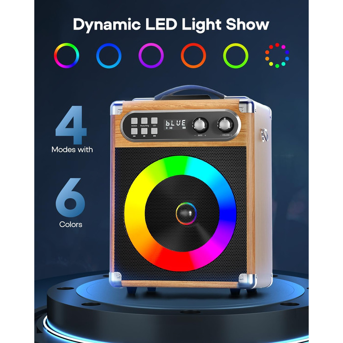 Портативна караоке-система з 2 бездротовими мікрофонами та акумуляторами, 20W, дерев'яний корпус