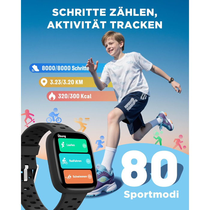 Смарт-годинник BIGGERFIVE для дітей з/без додатку, 1.8' фітнес-годинник, крокомір, пульсометр 24/7, будильник, водонепроникність 30м, монітор сну, пазли-ігри, 100+ циферблати для дівчаток, хлопчиків, підлітків 5–16, чорний