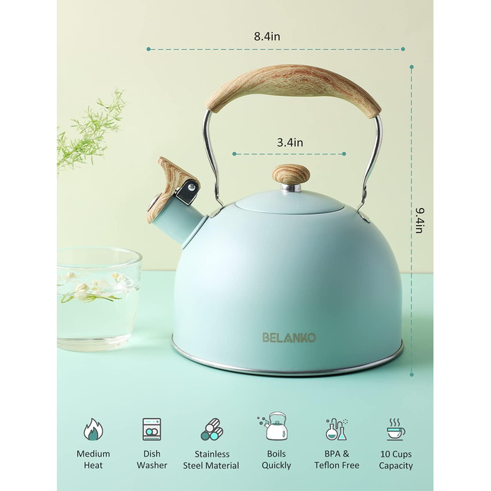 Чайник BELANKO з свистком, 2.5 л, нержавіюча сталь, з дерев'ястим декором, складна ручка, для чаю, кави, молока – блакитний