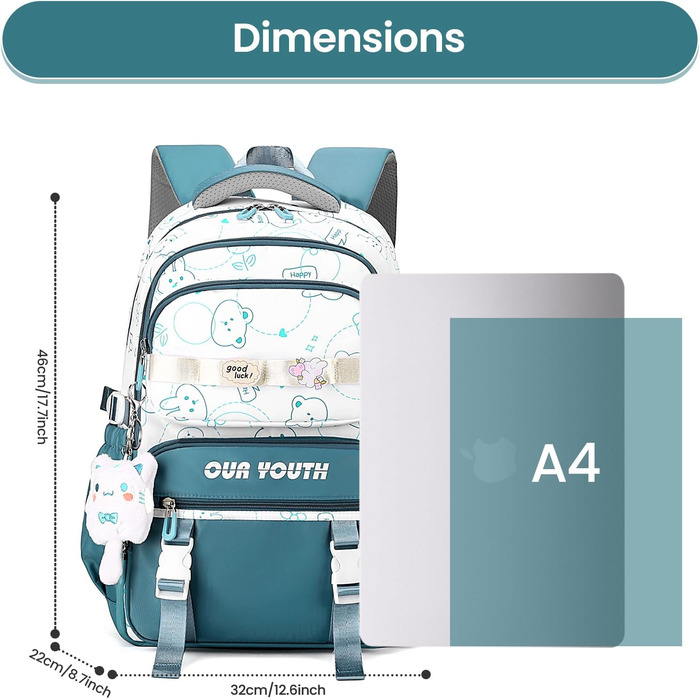 Дитячий рюкзак IvyH для дівчаток, водонепроникний, 2-6 клас, велика місткість, для школи, гімназії, університету (Блакитний)
