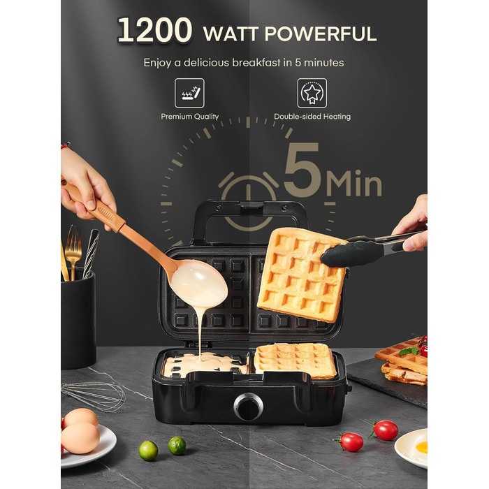 Sandwichmaker 1200W 3-в-1: сендвічниця, вафельниця, контактний гриль з регулюванням температури та антипригарним покриттям | LED-дисплей, нержавіюча сталь/чорний