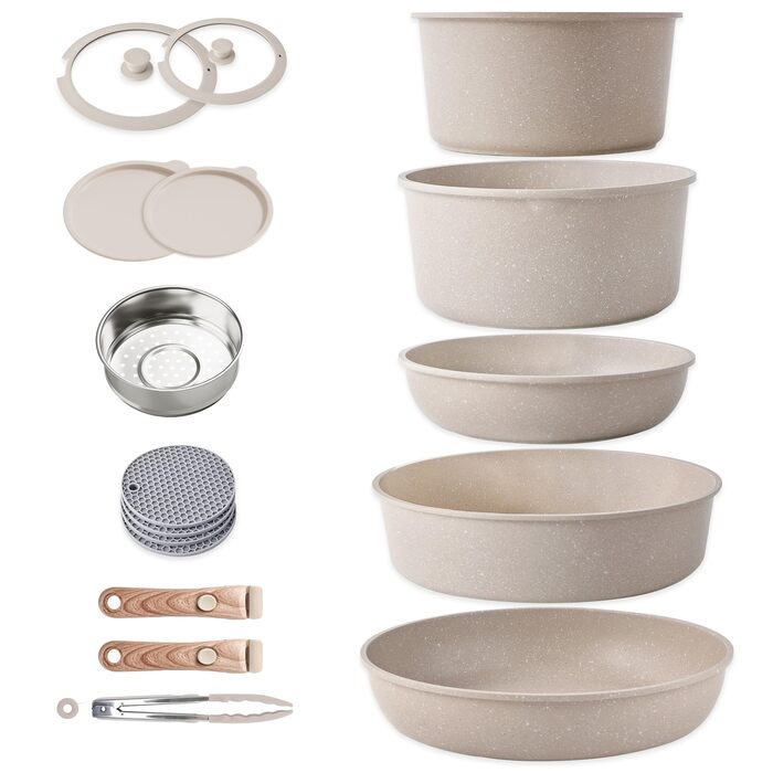 Набір посуду RIOVARM з індукційним дном, 15 предметів: каструлі та сковороди з антипригарним гранітним покриттям та знімними ручками, кришки з силікону. Без PFOA.