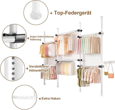 Телескопічна система для гардеробу: розширювана штанга для одягу з 6 штангами та 2 гачками, регульована полиця 110-300 см, для дому та магазину одягу, білий (срібний)