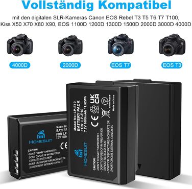 Акумулятор LP-E10 1600mAh Homesuit + LED зарядний пристрій для Canon EOS 1100D, 1200D, 1300D, 2000D, Rebel T3, T5, T6, T7, Kiss X50, Kiss X70 (2 шт. акумулятори + 1 зарядний пристрій)