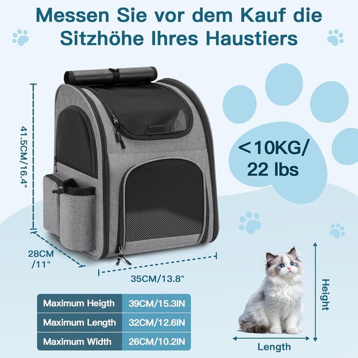 Рюкзак для тварин до 10 кг з сіткою, дихаючий та легкий, з внутрішнім шнуром безпеки та килимком (сірий)