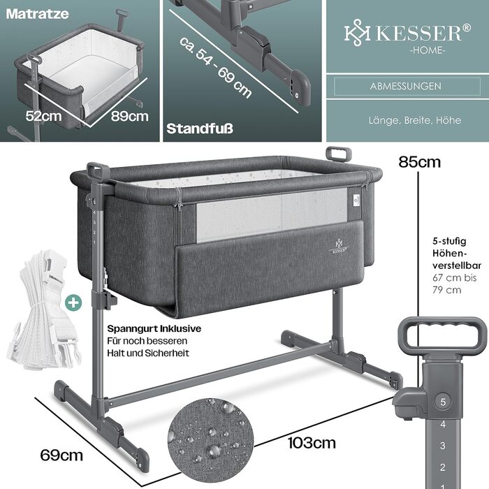 KESSER® Hubi 3in1 Bedside Bed, Travel Bed, Baby Bed with Soft Mattress, Mobile Bed, 5-Level Height Adjustment, Foldable Side Rail for Home and On the Go, Dark Grey