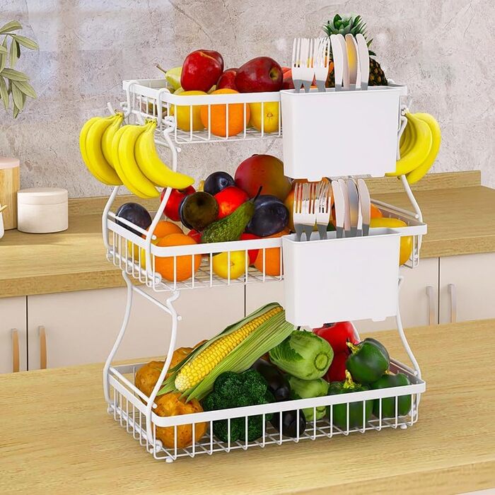 Баскет для фруктів та овочів на 3 ярусах, полиця на кухонну стільницю, легка установка, знімна, ідеальна для фруктів та овочів (білий)