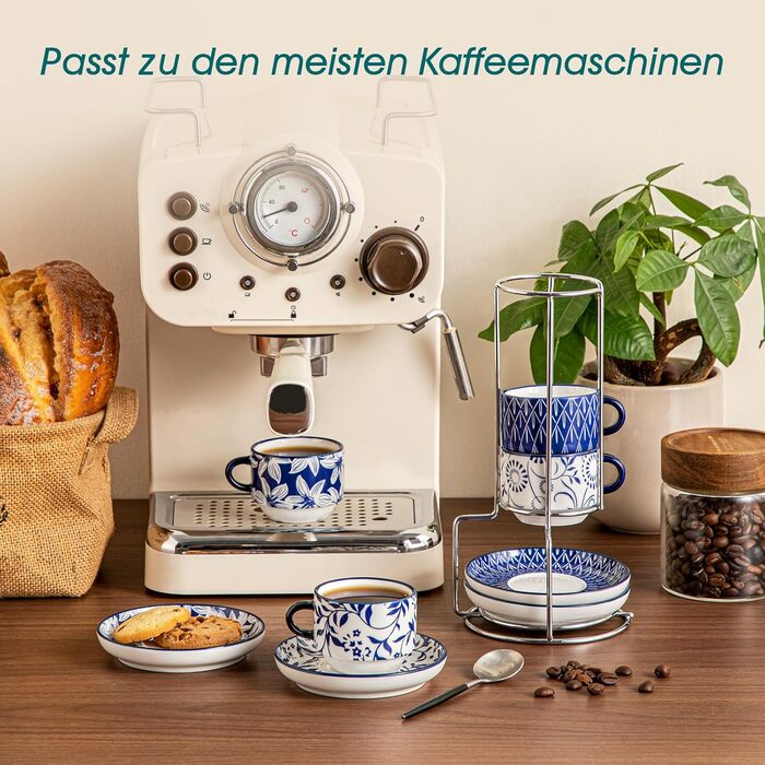 Набір чашок для еспресо Vancasso SELENE з блюдцем та підставкою, 4 шт, 90 мл, блакитно-білий, кераміка