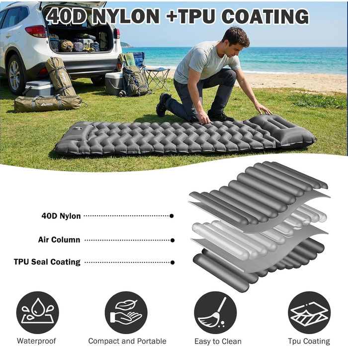 Надувний матрац Isomatte 12 см для кемпінгу з насосом та подушкою, сірий. Матрац для подорожей, пляжу, туризму, антирозривний, портативний