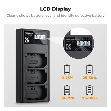 Зарядний пристрій K&F CONCEPT NP-FZ100 для камер Sony: A7iii, A7iv, A7Rv, A6700, A6600, A9, A1, FX3, FX30, ZV-E1 з LCD дисплеєм (3 слоти)