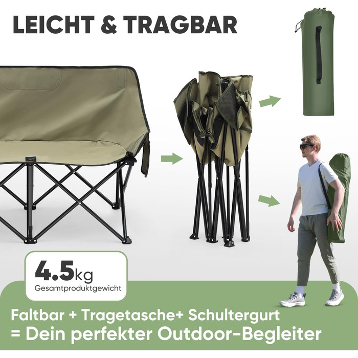 Складане кемпінгове софа для 2 осіб - портативний стілець для кемпінгу з підлокітниками та сумкою, ідеально підходить для пікніків, кемпінгу, саду, балкону, намету та риболовлі (Оливковий, 110 см)