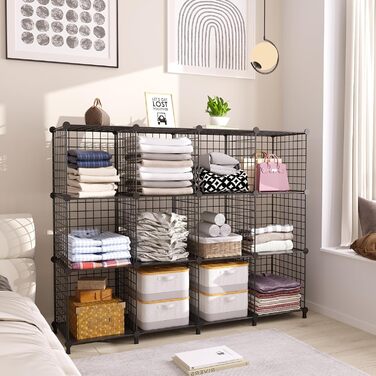 AWTATOS Regal 12 Regal Wire Cube Stackable Shelf Cube DIY Metal Grid Shelf Cube Bookshelf Cube Shelf With Doors For Living Room, Bedroom, Bathroom Black USCIH12BE