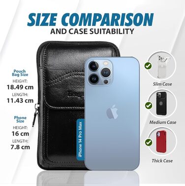 Чохол-сумка на пояс з натуральної шкіри для iPhone 16, 15, 14, 12, 11 Pro Max, iPhone 16 Plus, 15 Plus, Galaxy S25, S24, S23, S22, S21 Ultra, S25+, A06, F06 5G (Чорний)