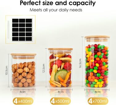 Набір скляних банок для зберігання з кришками (12 шт.) - 4x400мл, 7x500мл, 7x700мл. Скляні контейнери для кухні з дерев'яними кришками.