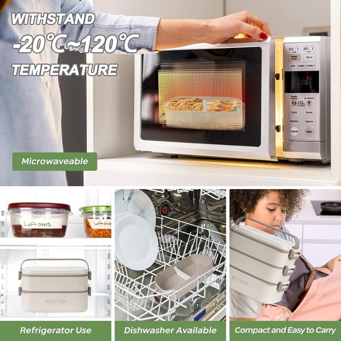 Бенто-бокс 2700 мл, 3-рівневий з виделкою та ложкою, 4-в-1 – контейнер для їжі, ланчбокс для чоловіків, жінок, студентів, мікрохвильовий та мийка в посудомийній машині (Хакі, Бежевий)