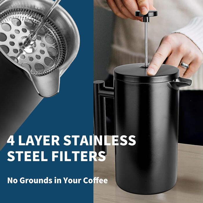 Френч-прес MERMOO YILAN 1L з нержавіючої сталі: термоізольований кавовар для кемпінгу, з подвійними стінками, 1000 мл (чорний)