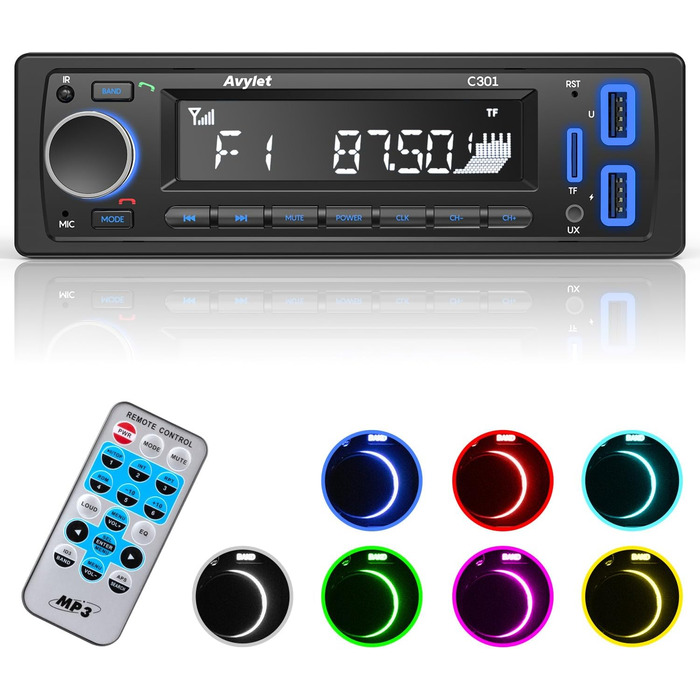 Автомагнітола Bluetooth 5.0 Avylet, 1 DIN, FM, 2 USB, AUX, MP3, 7 кольорів, підтримка карт пам'яті, гучний зв'язок