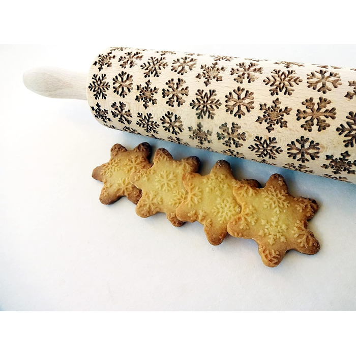 Snowflake Rolling Pin with Pattern Christmas Baking - Dough Roller Wood for DIY Christmas Cookies and Ceramics - Engraved Cookie Roller with Motif - 3D Cookie Roller by Algis Crafts