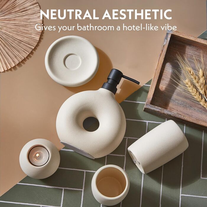 Набір аксесуарів для ванної кімнати з кераміки, 5 предметів: дозатор для мила, стаканчик для зубних щіток, тримач для зубних щіток, мильниця та свічник, Бежевий, матова глазур, естетичний дизайн