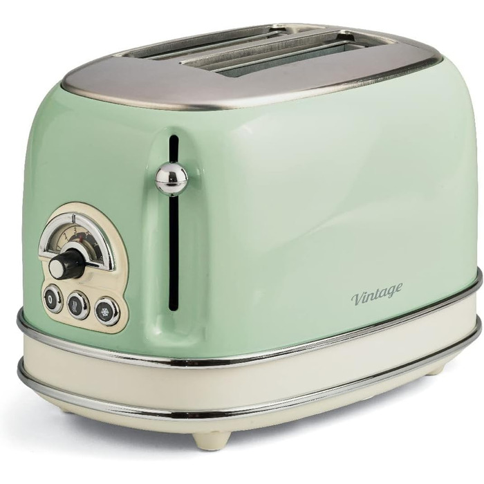 Тостер Ariete Vintage 155, 2-слайсовий, ретро, 6 режимів, автоматичний викид, розморожування, зйомний піддон, нержавіюча сталь, щипці для сендвічів, 810 Вт, зелений