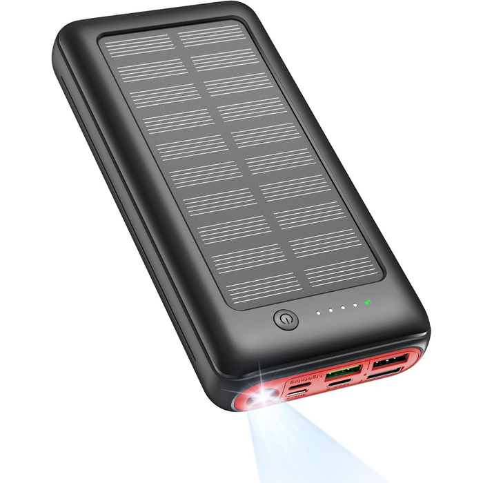 Сонячний Power Bank 27000mAh 22,5W PD20W, USB-C, портативний зарядний пристрій для iPhone 16/15/14/13/12, кемпінг, на вулицю, червоний