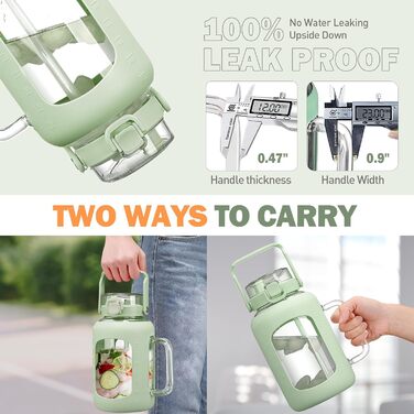 2 Liter Glass Water Bottle with Handle, 2L Glass Pitcher with Straw and Lid, Motivational Sports Water Jug with Time and Volume Markings, Leak-Proof, Light Green