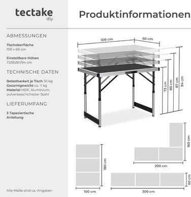Стіл розкладний Tectake для обклеювання шпалерами, кемпінгу та роботи, 100x60 см, чорний - багатофункціональний стіл з МДФ