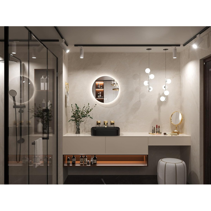 Дзеркало для ванної кімнати Keonjinn з підсвічуванням 60 см, антизапарник, сенсорний вимикач, пам'ять налаштувань, 3 кольори світла, регульована яскравість, LED, без рами, кругле (50x50 см)