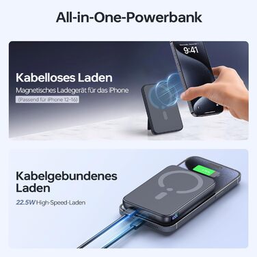Powerbank MagSafe 12000mAh з LED-дисплеєм, 22.5W PD, USB-A вихід, Type-C вхід/вихід, чорний