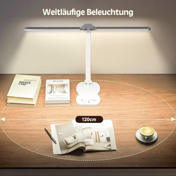 LED лампа настільна з двома руками, 5 кольорів та 10 рівнів яскравості, таймер вимкнення на 45 хвилин, сенсорне керування, для навчання (біла)