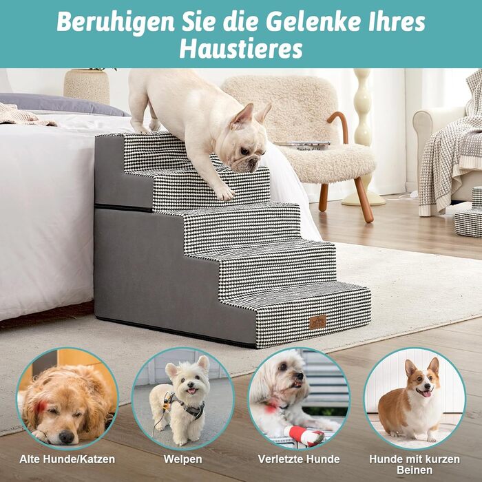 COZY KISS Dog Stairs for Small Dogs, Wide Steps Pet Stairs for Bed Couch Car, 60cm High High-Density Foam Cat Stairs with Removable Cover (7x0x60cm, ) (Black & White, 5, 75x50x60cm-Removable)
